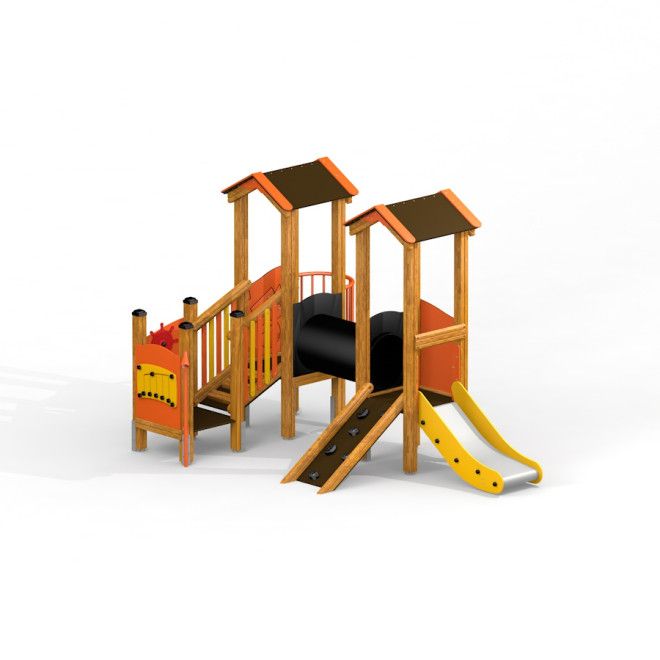Smart playhouse with slide playground structure made of wood and plastic with climbing wall and yell