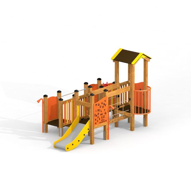 Rubik playhouse with slide wooden playground structure with climbing elements and yellow slide