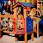 Rubik playhouse with slide for children with colorful playground elements.
