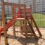 Grocer's single slide playground equipment with wooden frame and red slide