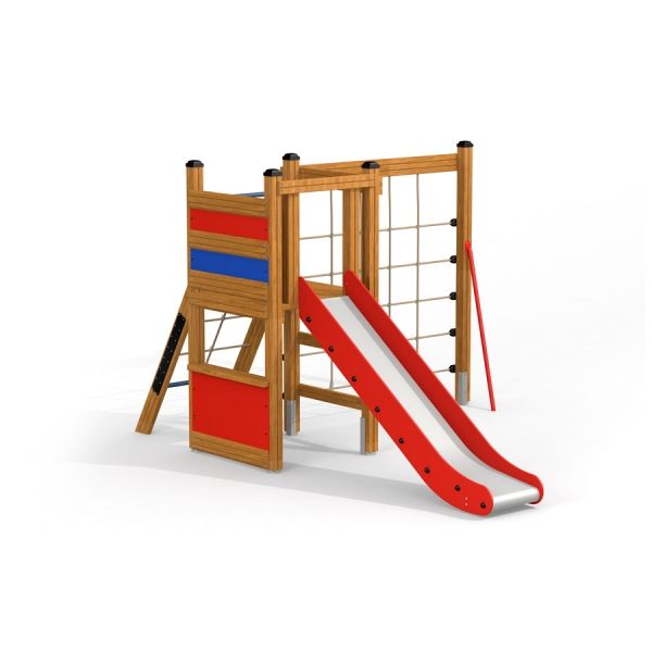 Wooden playground structure with a red slide, climbing net, and blue accent.