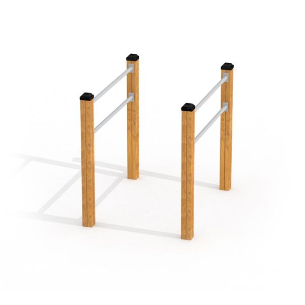 Parallel bar with wooden posts and metal rungs.