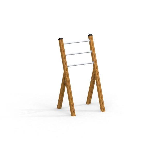 Training rack wooden ladder with three metal bars.