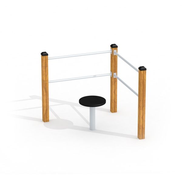 Outdoor fitness equipment Training Twist & Sit with wooden posts and metal bars.