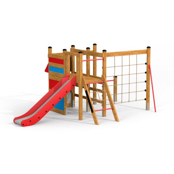 Wooden Playground Kiosk with Slide and Climbing Net.