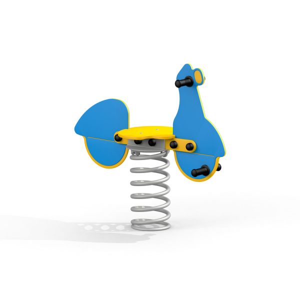 Blue and yellow Scooter rocking playground toy on a spring base.