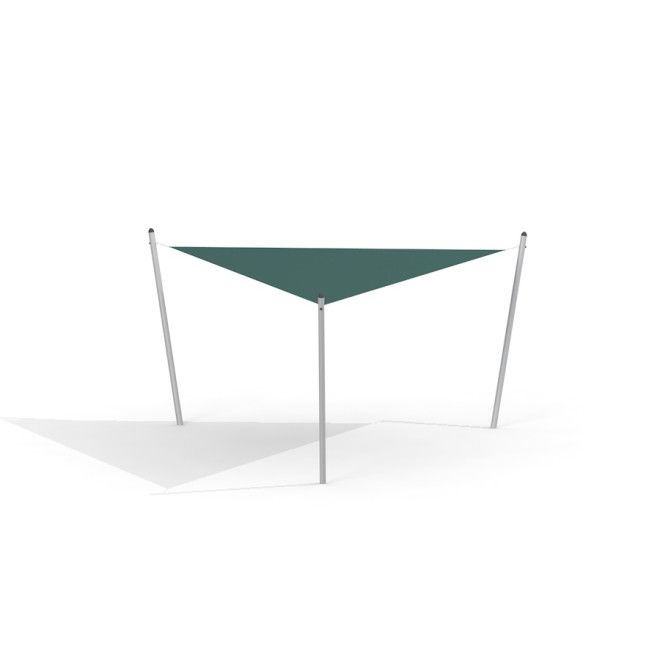 Sun Shade Triangle 5x5x5 Atlantis (Metal) with green fabric and three metal poles providing shade ou