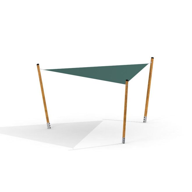 Sun Shade Triangle 5x5x5 Pioneer with wooden poles and green fabric shade sail