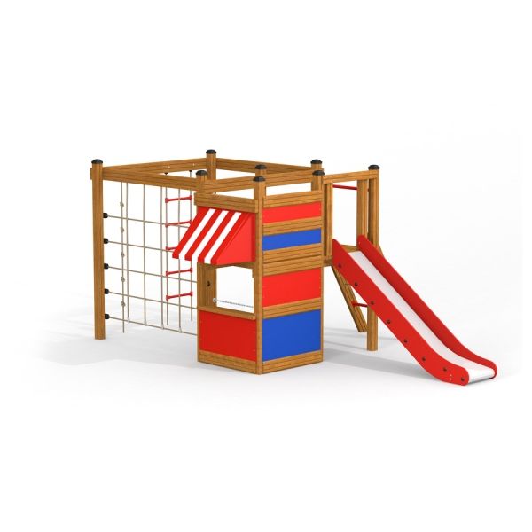 Little Jungle single slide playground equipment with wooden structure, red and blue panels, and a re