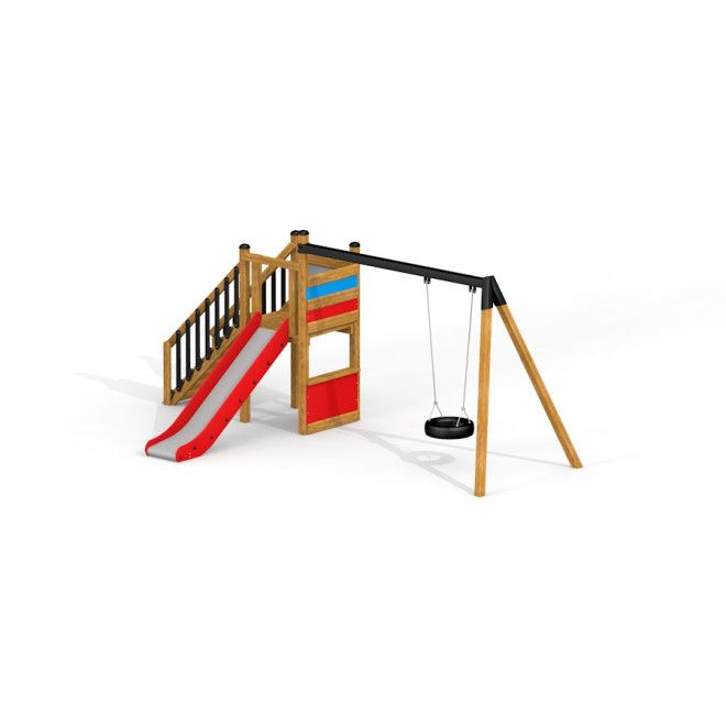 Single Swing with Tower single slide playground equipment with wooden frame, red slide, and tire swi