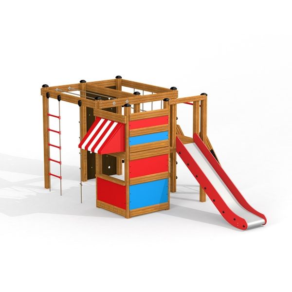 Colorful wooden playground structure with slide and climbing features Climbing Kiosk