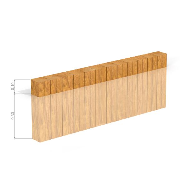Sand edging pegs (running meter) in brown color with dimensions shown (0.10m x 0.30m)