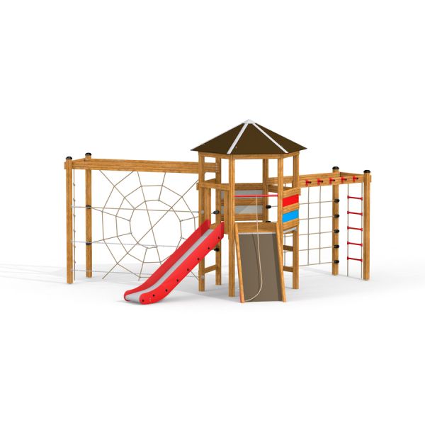 Six angle single slide playground climbing structure with red slide and rope web.