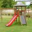 Playground with Six angle single slide structure featuring red and grey slides.