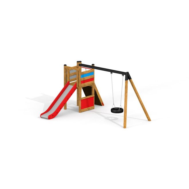 Single Swing with Tower single slide playground equipment with wooden structure, red slide, and blac