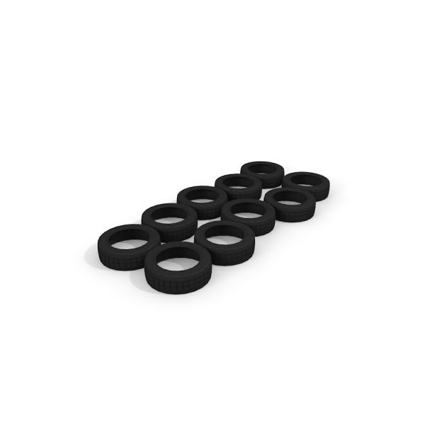 Set of 10 black rubber Tires (10 pcs) arranged in two rows