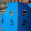 Playground equipment Majestic ship with slide, blue ship-themed play structure.