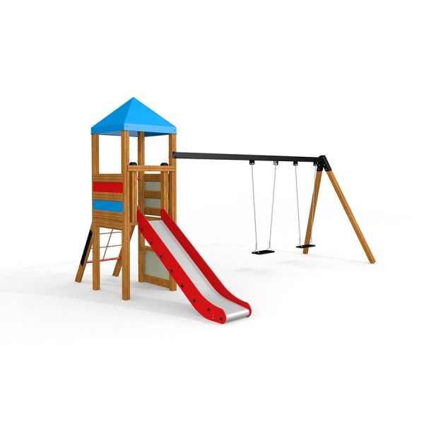 Double Swing with Tower playhouse with slide, wooden playset for kids