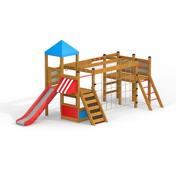 Wooden playground structure Romping Center single slide with red slide and colorful climbing element