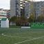 Shelter playhouse on a sports field with city buildings in the background.