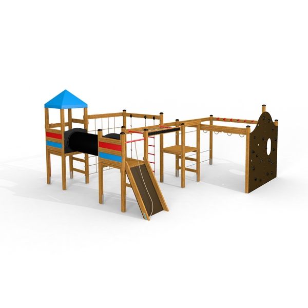 Wooden playhouse with slides, climbing walls, and a tunnel - Motor Function Center.