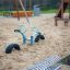 Playground with metal bike rack in front and blue playground equipment on sandy surface.