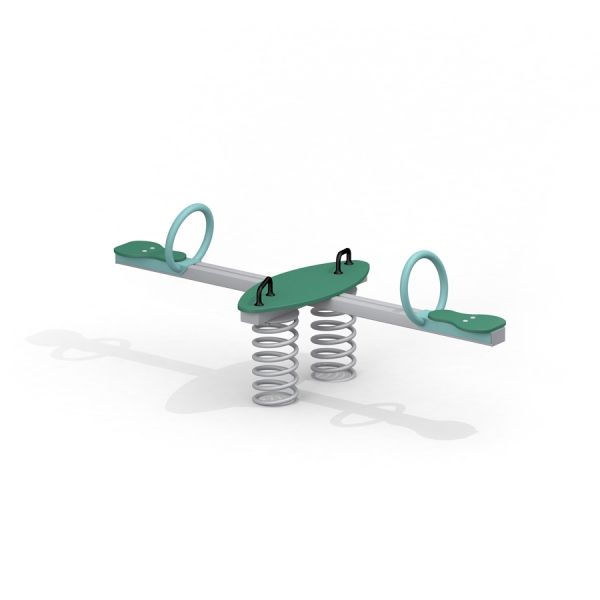 Green Spock seesaw with circular handles and spring base.