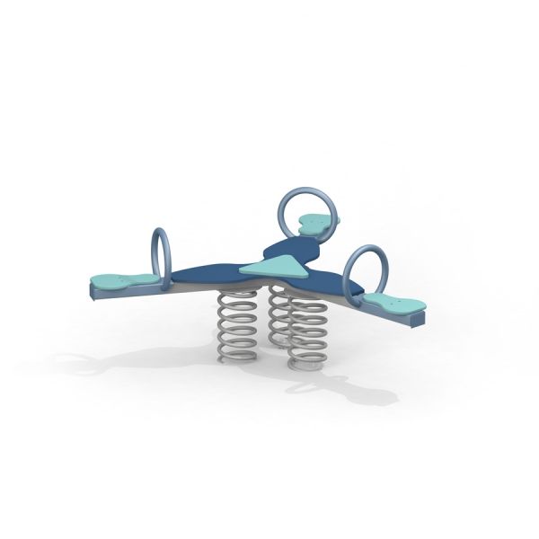 Quark rocking spring seesaw with blue and teal seats and metal springs.
