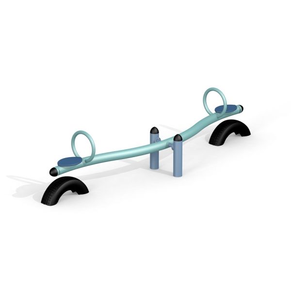 Children's playground seesaw Et with blue seats and black bases.