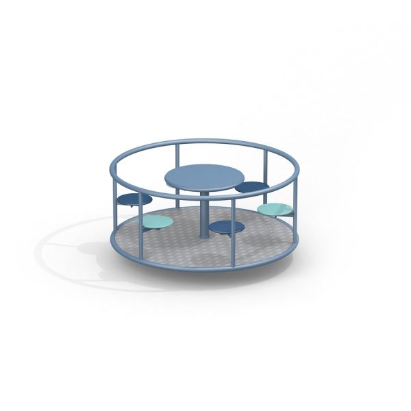 A blue Carousel playground ride with circular seating and safety bars.