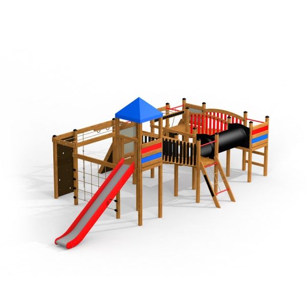 Wooden Searobber Castle castle with slide and climbing features for kids.