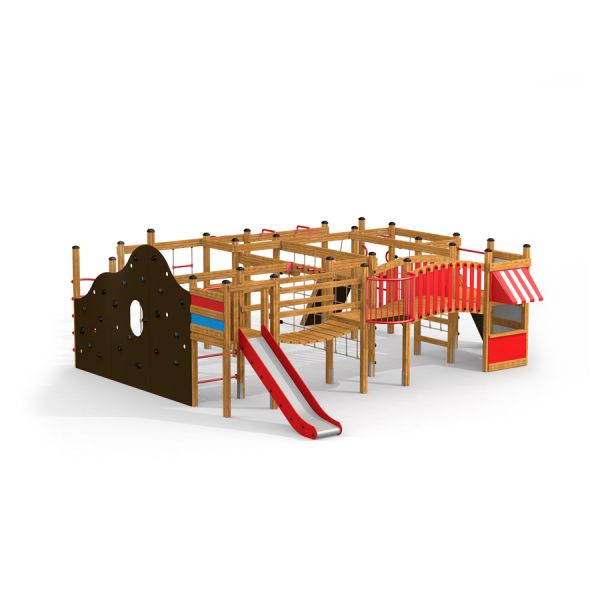 King-Kong castle with slide wooden playground structure with climbing walls.