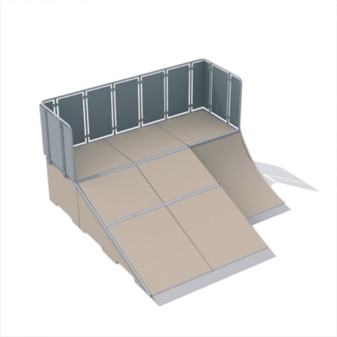 Quarter 2 skate ramp with metal railings and beige surfaces.