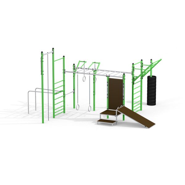Outdoor fitness equipment New Age Fit with monkey bars, gym rings, and climbing structures.