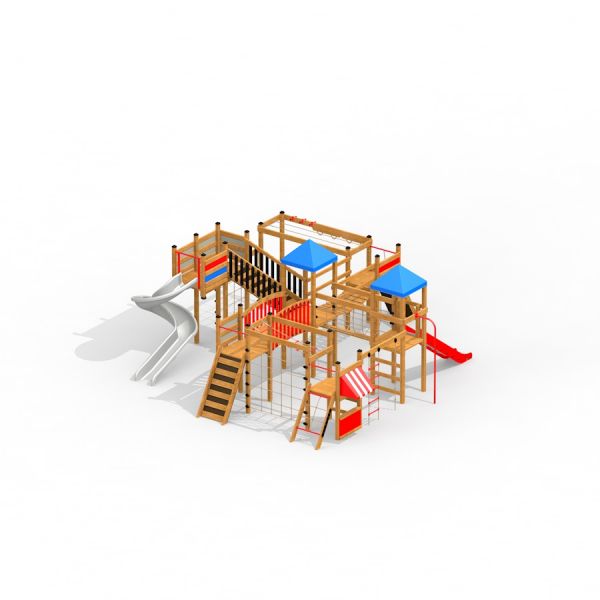 Space Station castle with slide, multi-level wooden playground structure with slides, ladders, and b