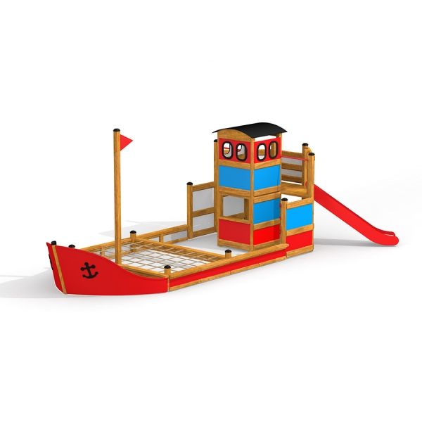 Playground equipment Fisher Boat Ship Sandbox with slide and climbing structure.