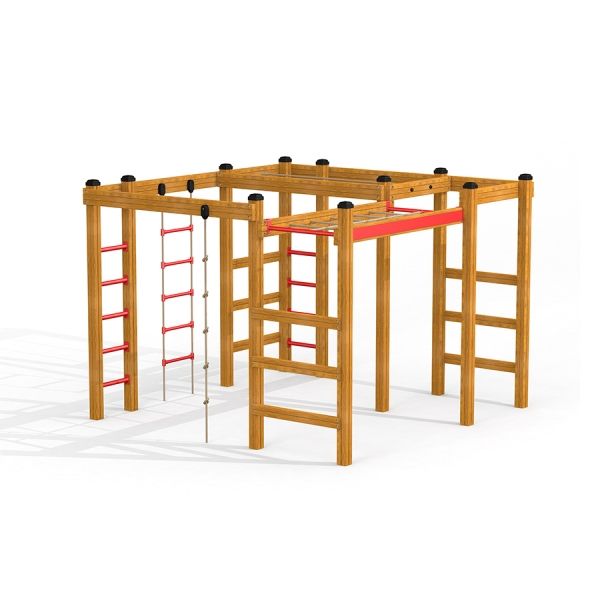 Chimpanzee wooden playhouse with climbing ropes and ladders.