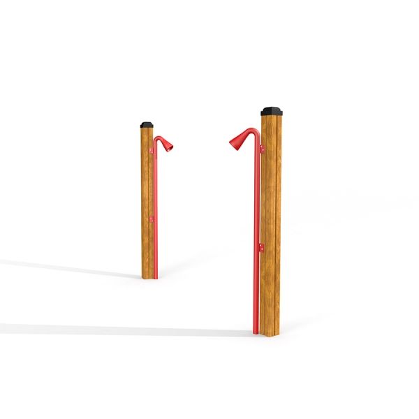 Wooden playground Megaphone with red metal horn.