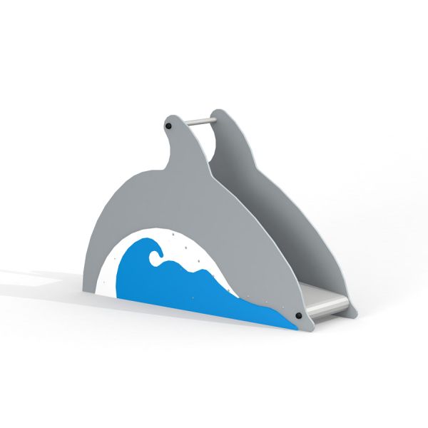 Children's playground Dolphin Slide in gray with blue wave motif.