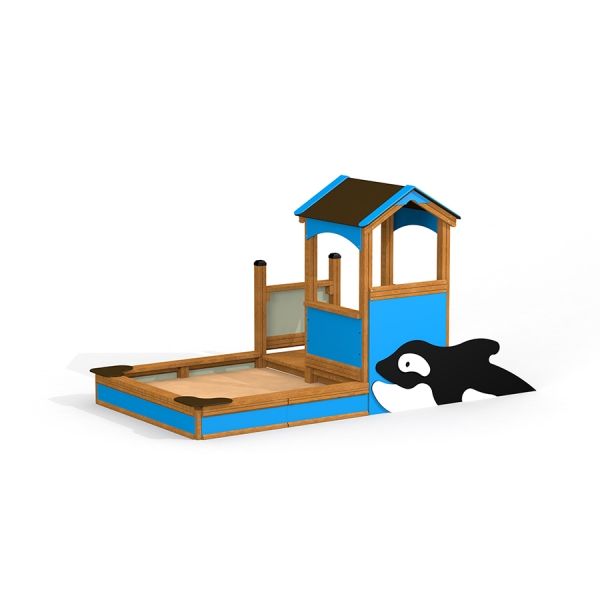 Single playhouse with orca design for children in blue and wooden colors.