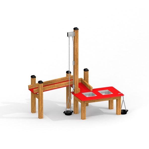 Outdoor Sand & Water Play station with wooden frame and red surfaces.