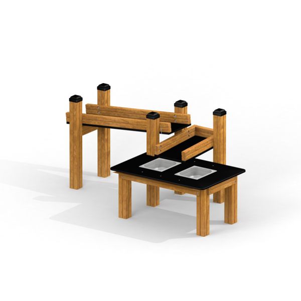 Sand & Water Play Nature outdoor play structure with wooden frames and activity stations.