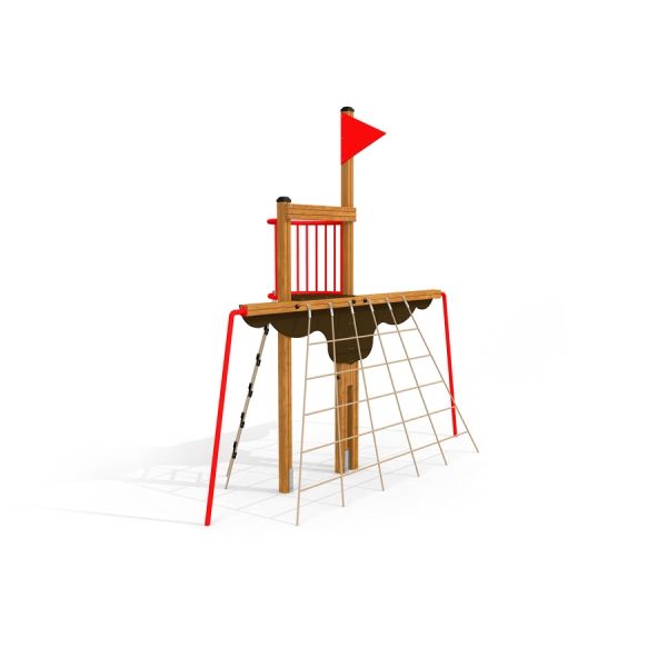 Mast climbing net for playground with wooden structure and red flag.