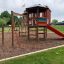 Playground structure Six Angle with Suspension Bridge single slide with red slide and brown climbing