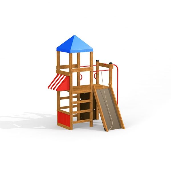 Children's playhouse with tower, firepole, and slide.