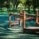Course wooden playground structure with rope bridges on green outdoor surface in park setting.