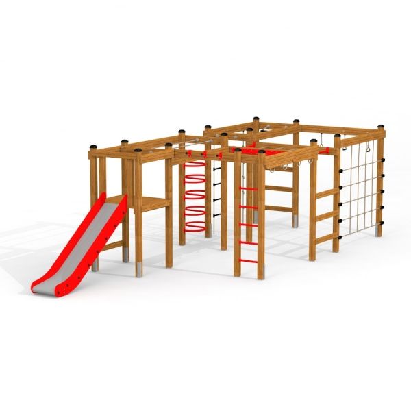 Activity Center with Slide featuring climbing structures and red slide for outdoor play.