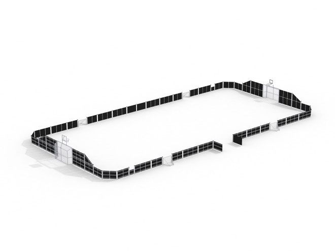 Saint James sports field perimeter made of black and white panels.