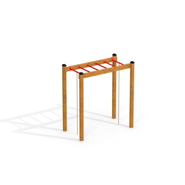 Horizontal Ladder wooden ladder with red rungs.