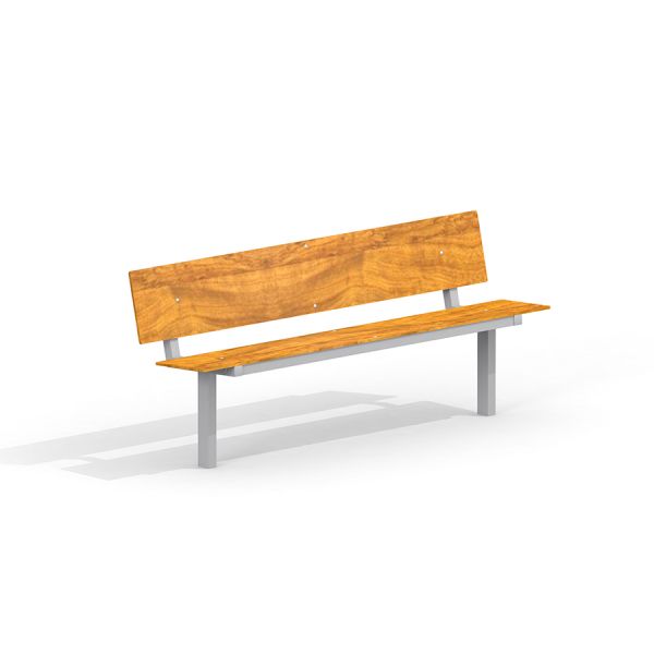 HPL Bench with wooden seat and backrest on metal legs.